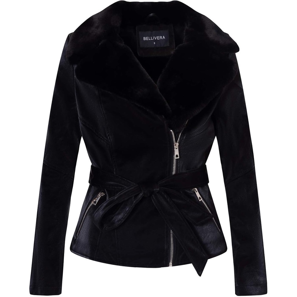 Bellivera Women's Black faux Leather Jacket with Belted Waist